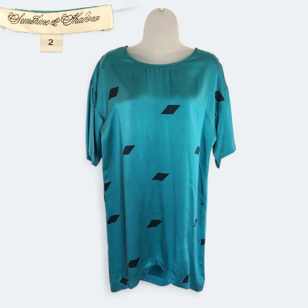 Vintage Sunshine Shadow Teal Silk Diamond Print Short Sleeve Dress Size 2 - Picture 1 of 11